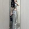 American Vintage Gray Casual Pants for Women Summer High Waist Drawstring Loose Drape Thin Wide Leg Pants