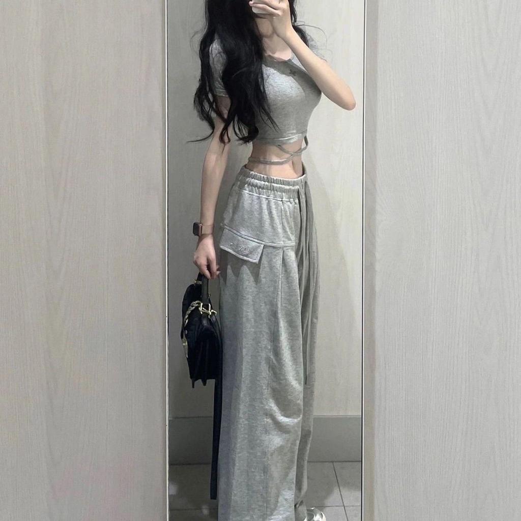 American Vintage Gray Casual Pants for Women Summer High Waist Drawstring Loose Drape Thin Wide Leg Pants