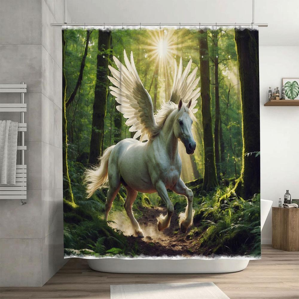 3D Printed Shower Curtain Waterproof Bathroom Decor White Flying Horse Fantasy Forest Print 180Cm X 274Cm Custom Size Available
