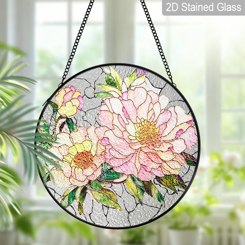 2D Flat Stained Glass Pink Peony Window Decoration, Elegant Colored Glass Plate with Chain, Charming Spring Summer Sun Catcher Wall Art Home Garden