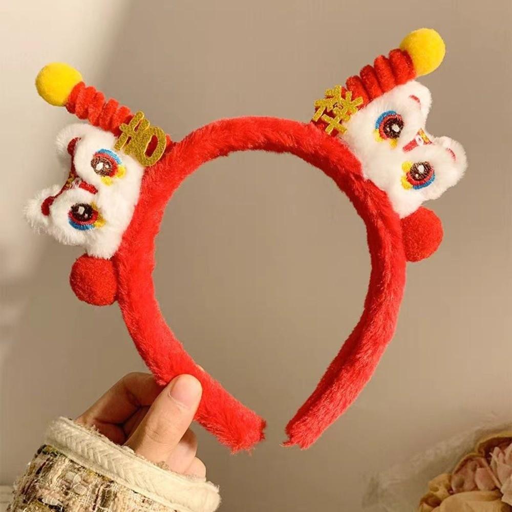 Embroidered Bow New Year Hair Hoop Lion Hanfu Hair Accessories Sweet Red Plush Headband  Kids