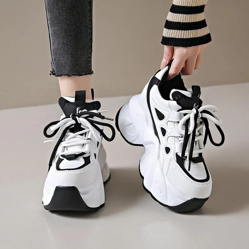 Fashion New Spring Autumn Non-slip Chunky Sneakers Women Lace-up High Platform Leather Sports Dad Shoes 7CM Heels Casual Shoes Woman