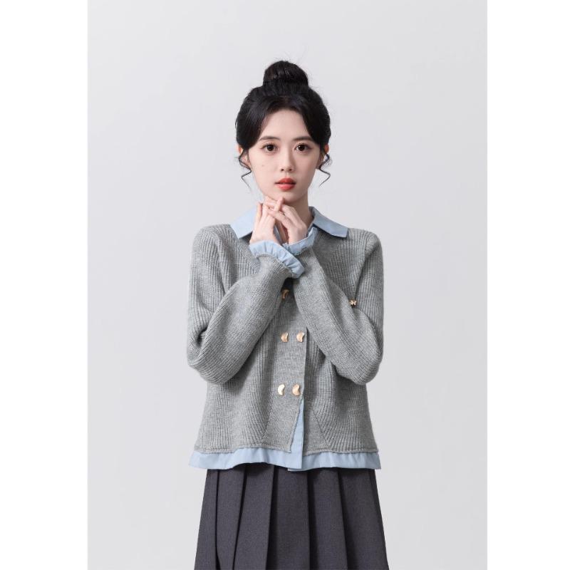 Fake Two-piece Neck Sweater Women's Spring and Autumn New College Style Splicing Knitted Cardigan Jacket Short Top