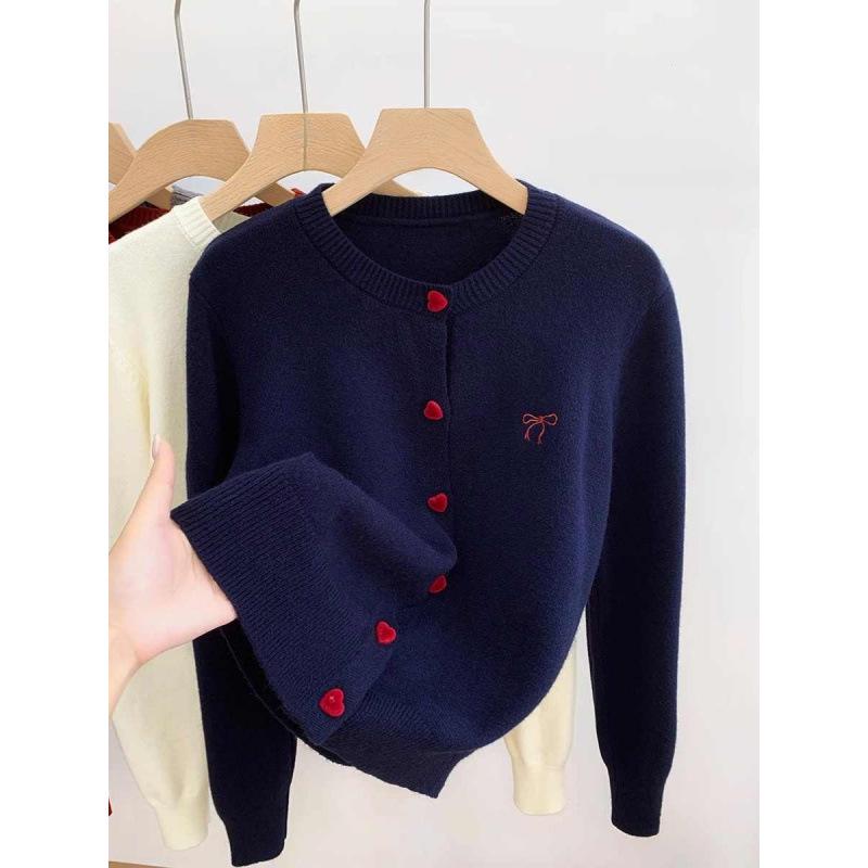 Women's Autumn Embroidered Bow Long Sleeve Knit Cardigan Sweater