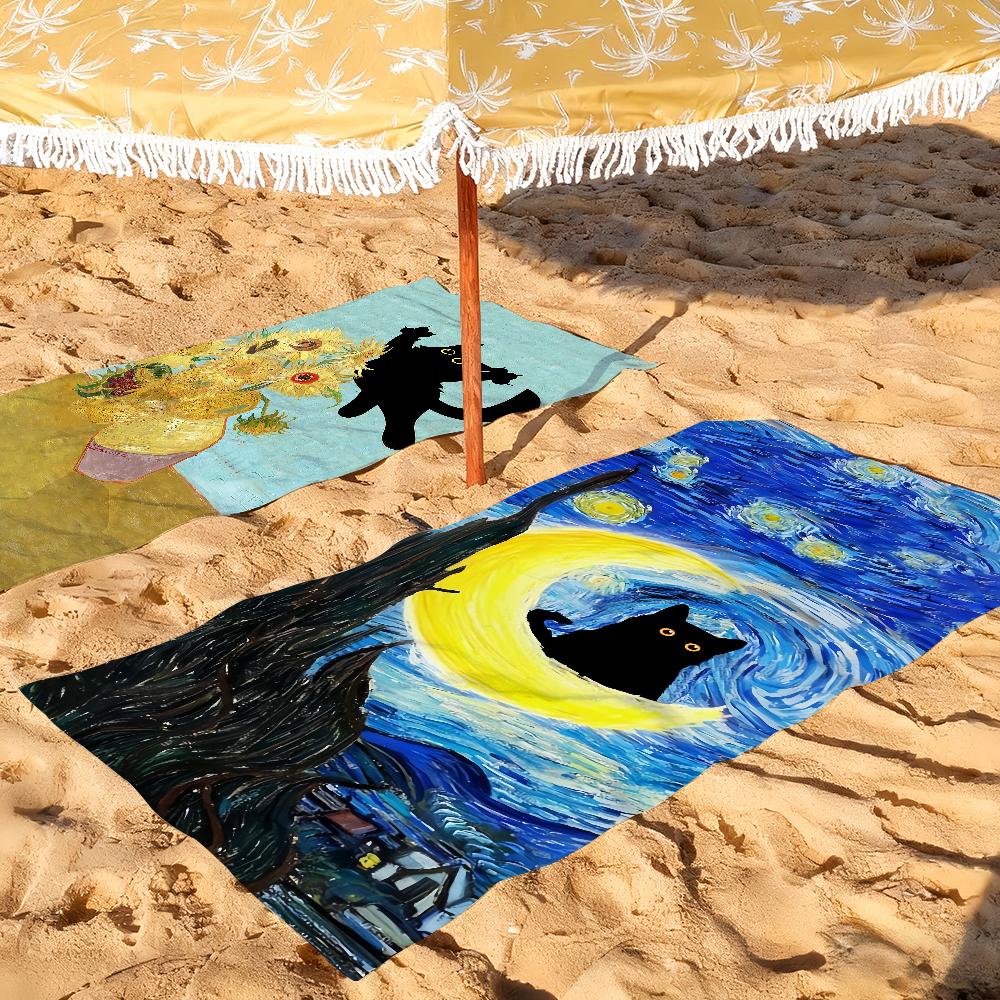 Asciugamano Stampa Gatto Arte Van Gogh Asciugatura Rapida Morbido Yoga Nuoto Fitness Alpinismo Grandi Asciugamani da Spiaggia
