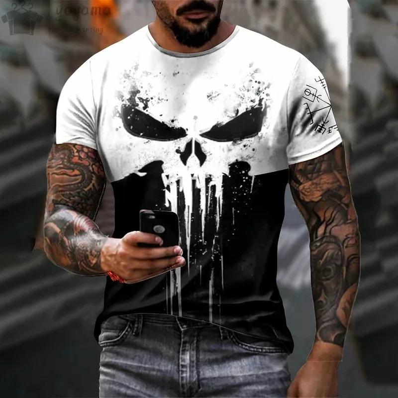 Men Sports Casual O-Neck T-Shirt, Military Patriotic Skull Print Oversized Short Sleeve Tops