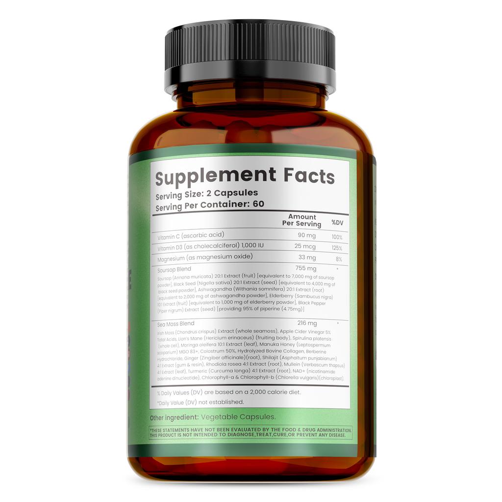 Soursop Capsules Contain Shiitake Mushroom, Seaweed, and Hericium Erinaceus Extract; Vegan; Antioxidant Support; and Joint Health Benefits.