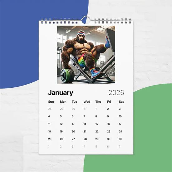 Nástěnný kalendář 2026 Vtipný fitness kalendář Sasquatch 12měsíční kalendář Humorný dárkový předmět s tématikou posilovny pro muže, fanoušky kryptidů, milovníky fitness