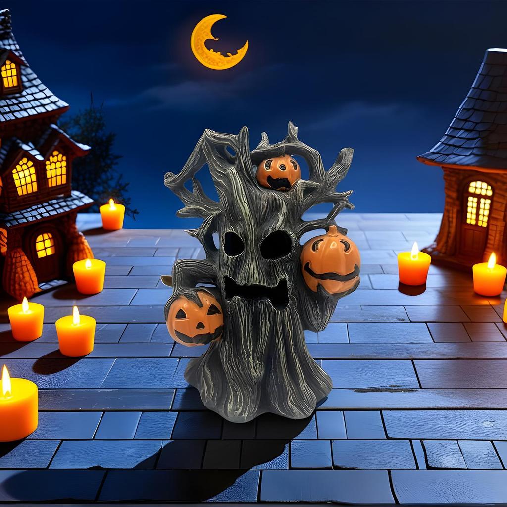 Pumpkin Figurine Resin Halloween Pumpkin Skull Tree Halloween Pumpkin Tree Sculpture Ornaments Outdoor Garden Decoration