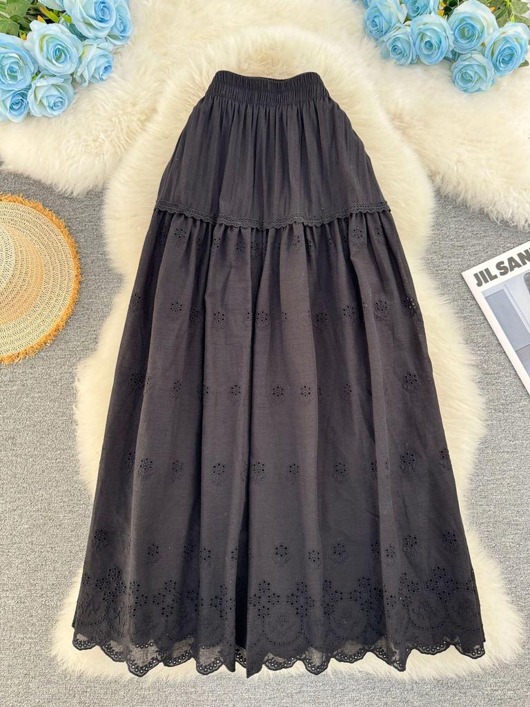 Spring/Summer A-Line Midi Skirt with Cross-Border Japanese & Korean Hollow Embroidery Design