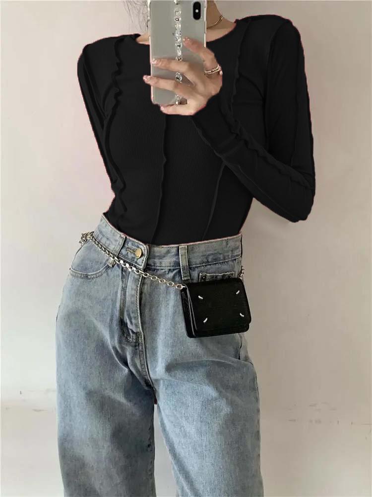 Long Sleeve T-shirts Women Spring Solid O-Neck Elegant Bright Line Decoration Slim Casual Soft High Quality Ladies Clothing Tees