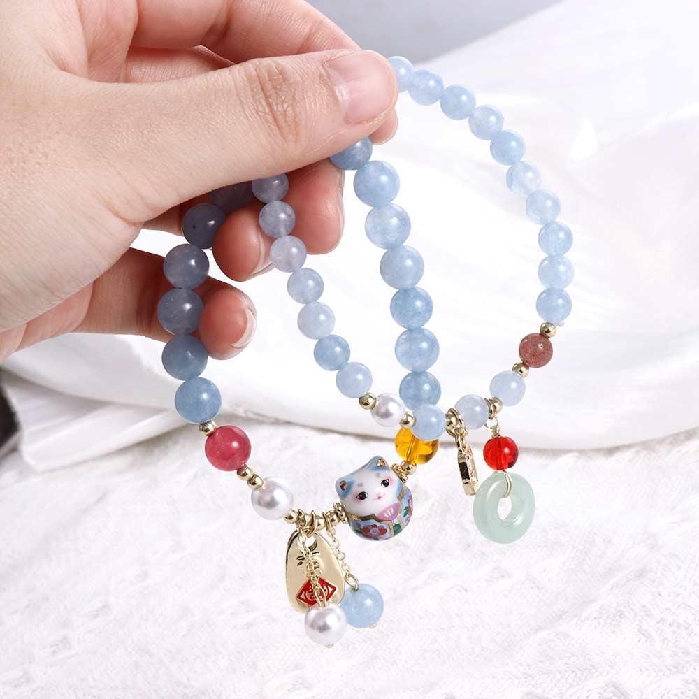 BEPAN 2023 New Pearl Agate Lucky Cat Bracelet for Women  Chinese Style Jade Pendant Simple Wild Elastic Rope Crystal Beads Jewelry