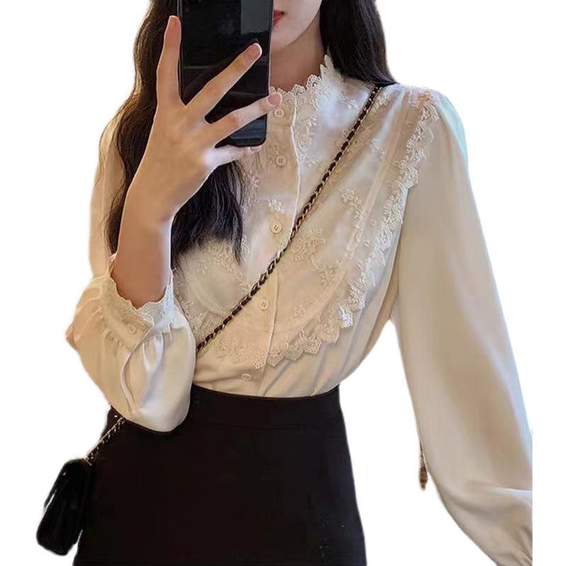 Autumn Women's High-Neck Long-Sleeve White Shirt