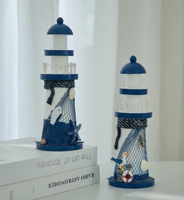 22cm Mediterranes Holzleuchtturm-Ornament Retro Meeresstil Fischernetz Wachturm Modell Handwerk DIY Kinderzimmer/Bar Dekoration