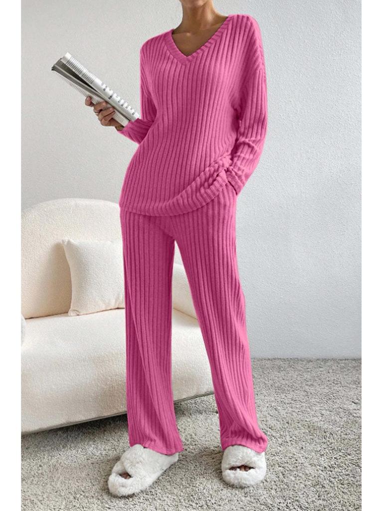 2025 Autumn Women's Cross-border Casual V-neck Rib-knit Set with Loose Straight-leg Pants