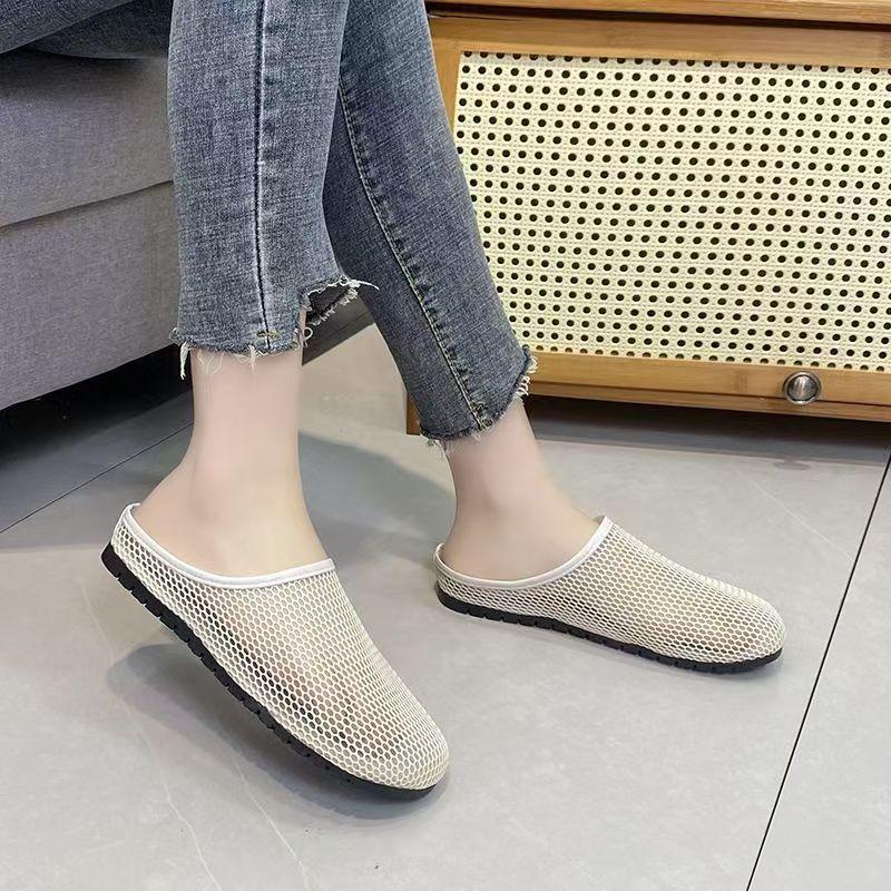 Women's Summer Baotou Mesh Flat Sole Slippers Soft sole Non Slip Breathable Outdoor Half Slippers Lazy Slippers Sandals