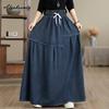 Large Size Spring Autumn Women Blue Denim Skirt Elastic Waist Drawstring Oversized Baggy Maxi Long Skirt Vintage Loose Ladies' Casual Skirts