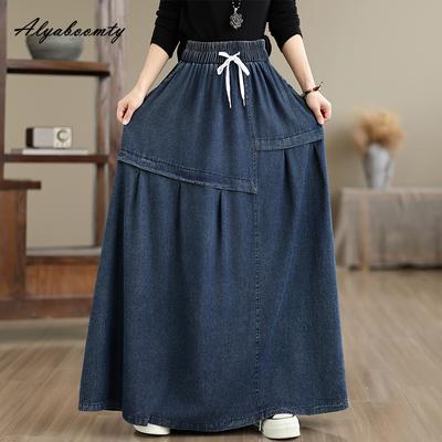 Gonna Lunga in Denim Blu da Donna Taglia Grande Primavera Autunno Vita Elastica Coulisse Oversize Ampia Maxi Lunga Vintage Larga Gonne Casual da Donna
