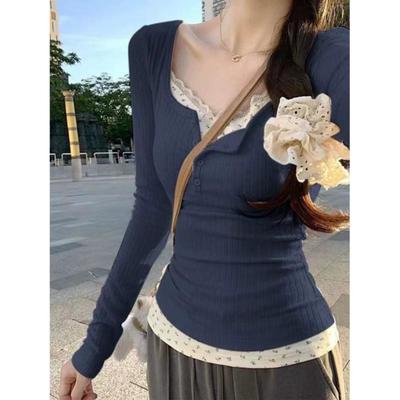 Damen Frühling Floral Patchwork Langarm T-Shirt Design Schlankmachende Spitzenkleidung