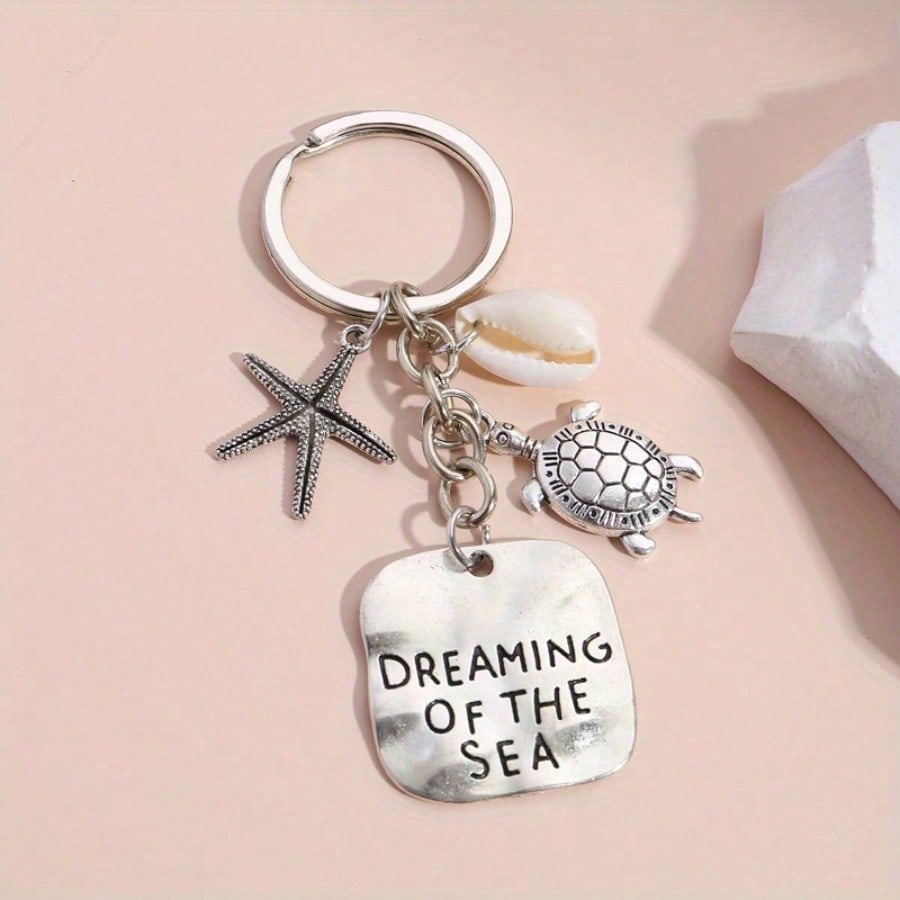 

1pc Keychain with Turtle, Starfish, Seashell & Dreaming of the Sea Charm - Nautical Theme Decorative Key Ring for Women, Birthday Gift