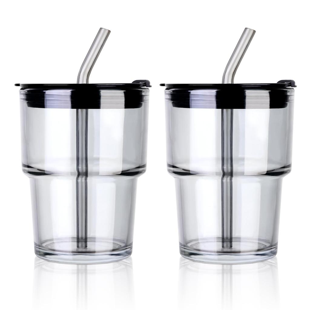 2-Pack 13.5oz/400ml Iced Coffee Cups with Lids and Straws, Glass Tumblers Thick Wall Coffee Mug with Insulated Sleeves,Amber