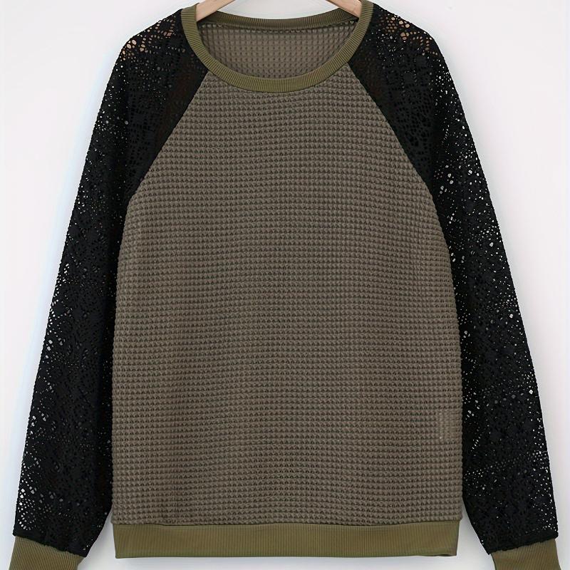 

Однотонное кружево, длинный рукав, сетка, круглый вырез, повседневная женская футболка-топ XL армия зеленый