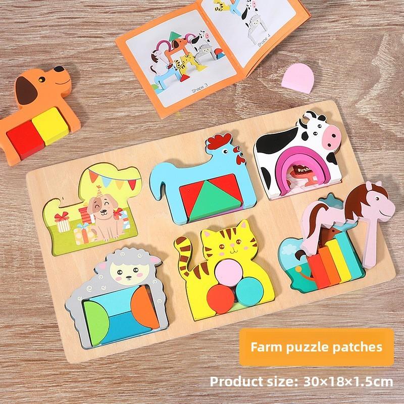 Wooden Shape Puzzle For Toddlers With Geometric And Farm Animal Designs For Early Learning