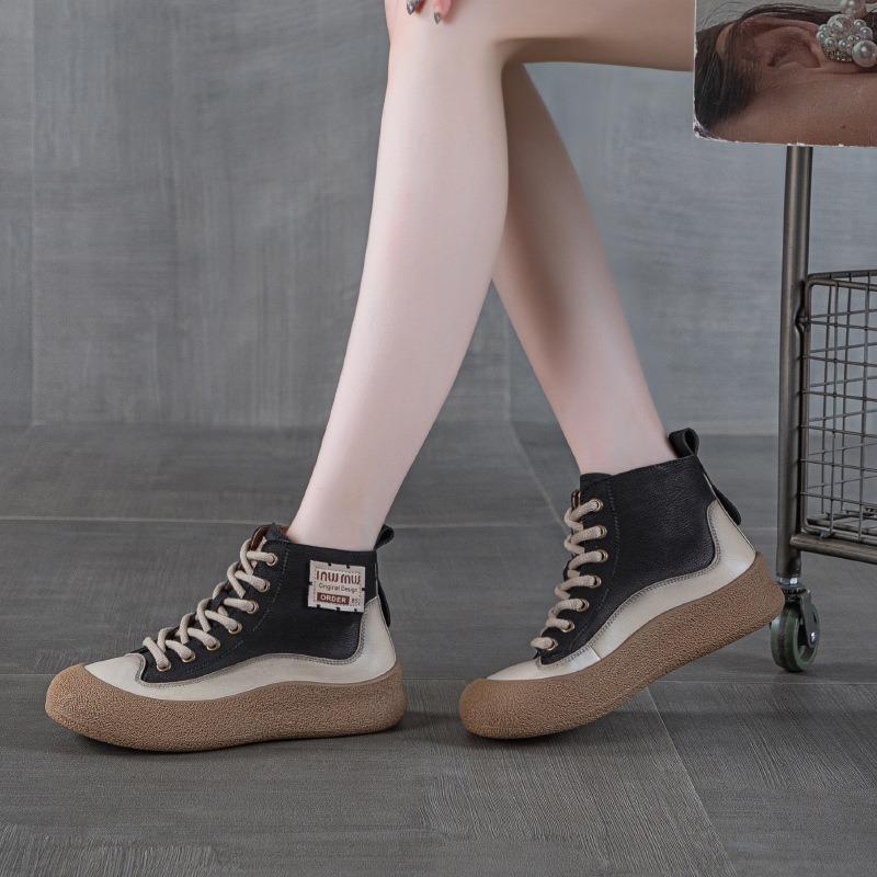Autumn New Leather Retro High-top Board Shoes Women's Wear-resistant Non-slip Heightening Board Shoes Women's Comfortable and Fashionable Versatile