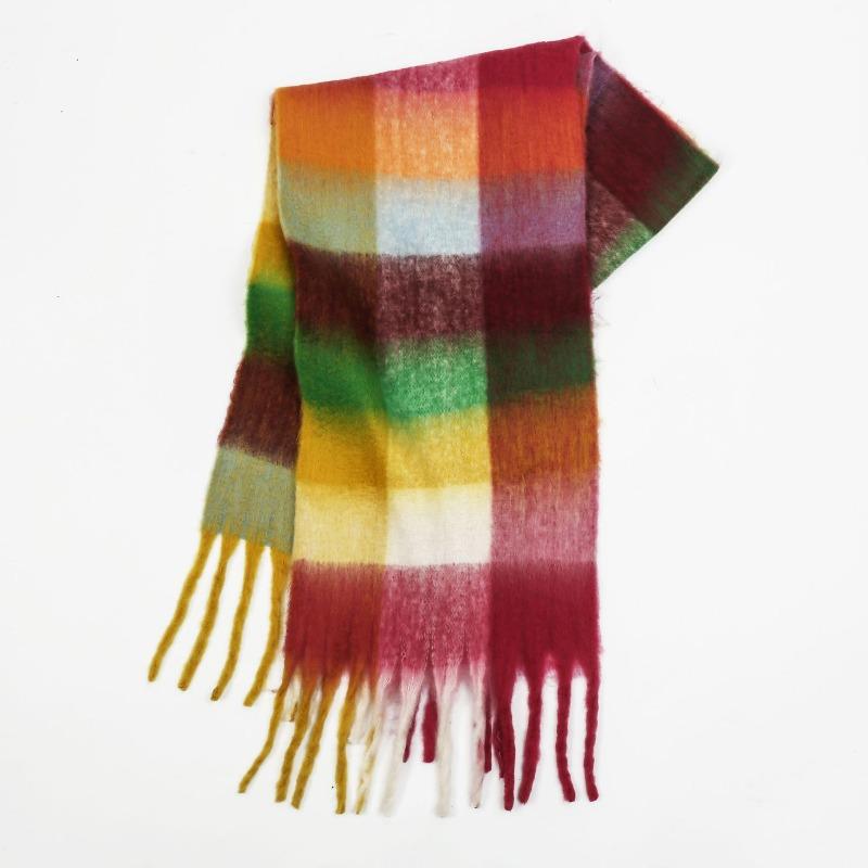 High-end color matching mohair scarf women's autumn and winter warmth thickened versatile plaid tassel