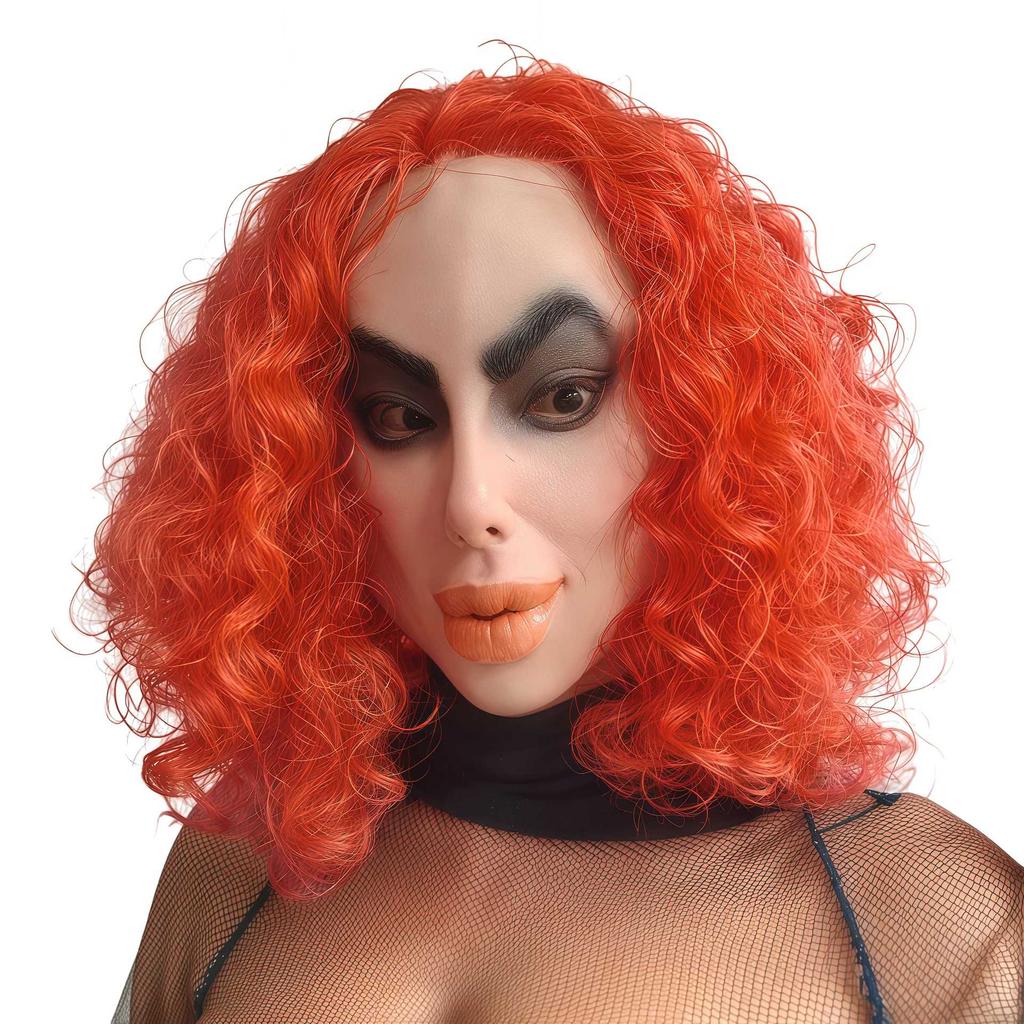 Red-haired, big-mouthed ugly woman mask, quirky party costume mask