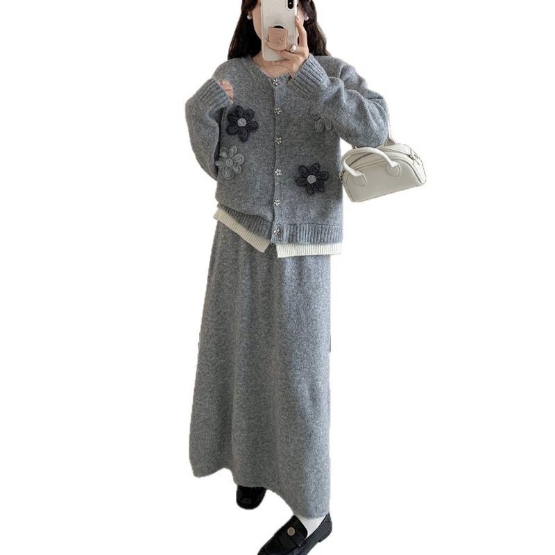 Heavy industry embroidery fake two-piece knitted cardigan skirt set skirt autumn and winter new gentle wind two-piece set women