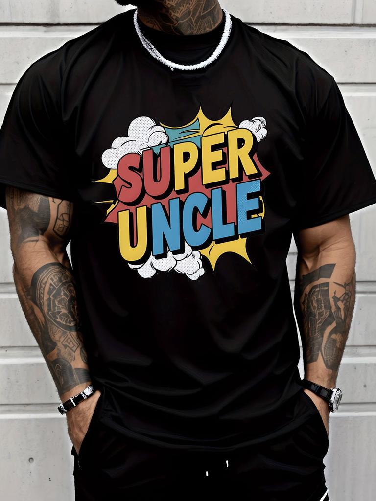 Unisex Summer White Short Sleeve Tee Pop Art Super Uncle Color Letter Graphic Crew Neck Loose Family Gift Male Casual Top