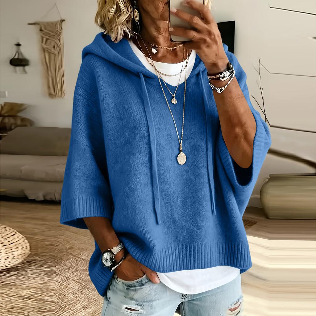 Women's Color Knitted Hooded Sweatshirt with Drawstring New Arrival