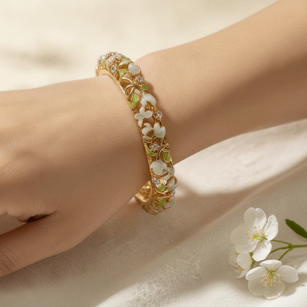 Enamel Chinese Flower Bangle Hollowed Floral Women's Hand Bracelet Vintage Cloisonne Bangle  Ladies