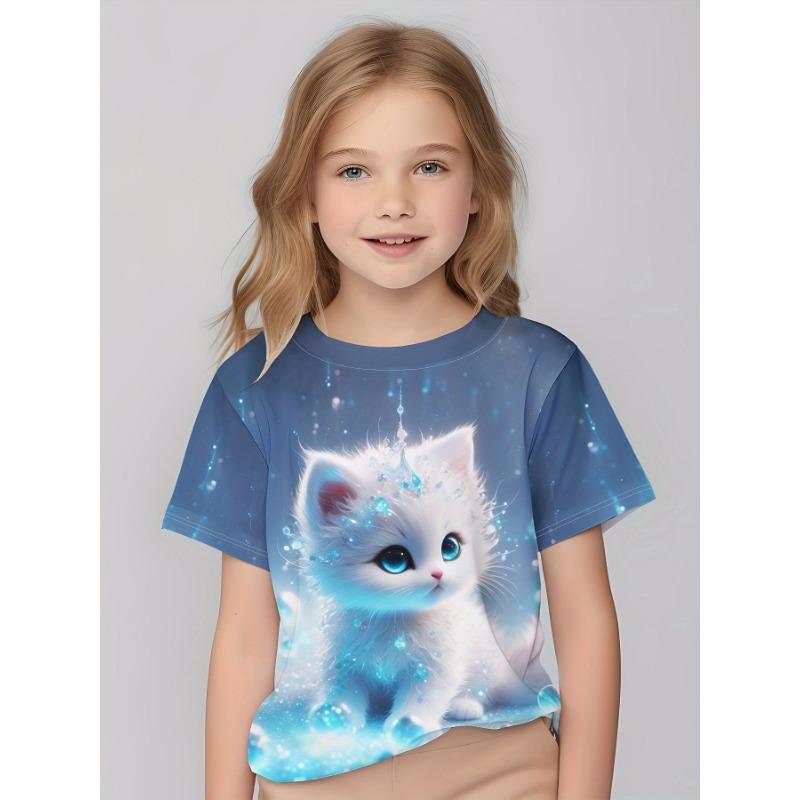 Sommar Ny Barn T-shirt Med Söt 3D Katt Tryckt Mönster Trendig Andningsbar Topp Hög Kvalitet Kortärmad Födelsedagspresent