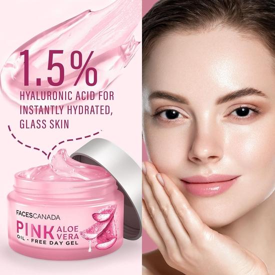FACESCANADA Pink Aloe Vera Oil-Free Day Gel, 50g | 1.5% Hyaluronic Acid | Intense Hydration | Lightweight, Non Sticky | No Alcohol & Parabens