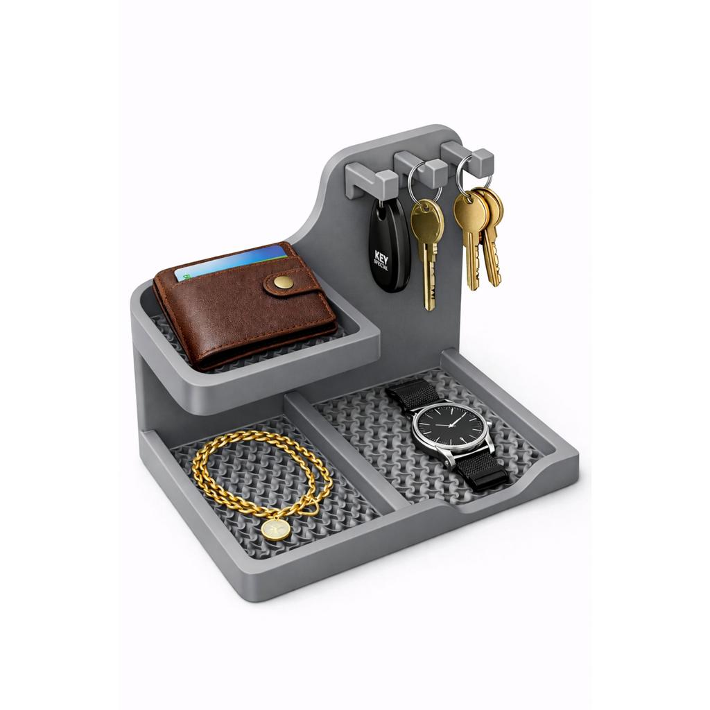 Gray organizer container for keys, wallet, watch, for the hallway