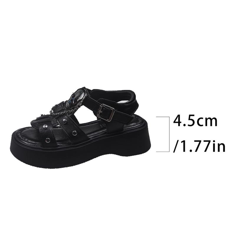 Punk Metal Decoration Black Pu Sandals Women 2025 Summer Metal Chain Thick Bottom Ankle Strap Sandals Gothic Metal Chain Shoes