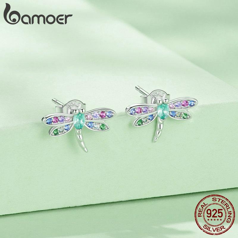 Bamoer 925 Sterling Silber Libellen Ohrstecker Insekten Ohrringe für Damen Bunter Zirkon Feiner Schmuck BSE795