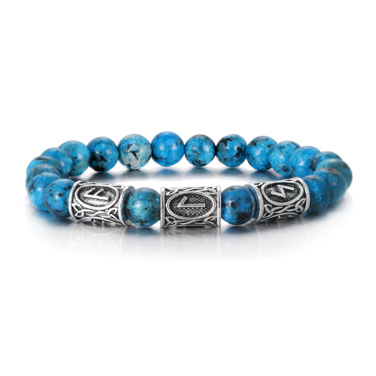 Nordisches Wikinger Runen Armband für Männer 8mm Lava Obsidian Türkis Perlen Glücksbringer Schmuck Geschenk gray