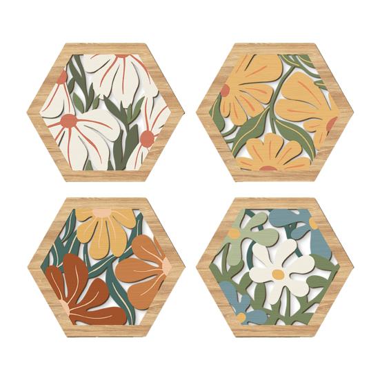 4 Pcs Flowers Wooden Wall Art Decor Hexagon Hollow Out Boho Flower Wall Sculpture Bohemian Farmhouse Hanging Sign for Bedroom Living Room Sets