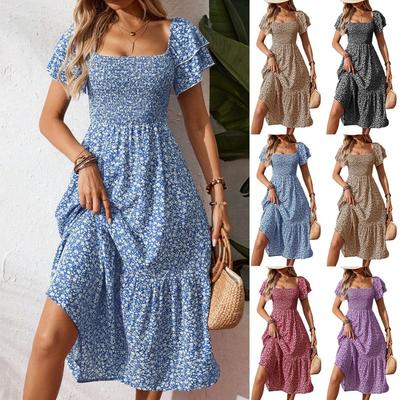 Spring and Summer New TK Women's Clothing with Short Sleeves and Square Neck Floral Dress Length