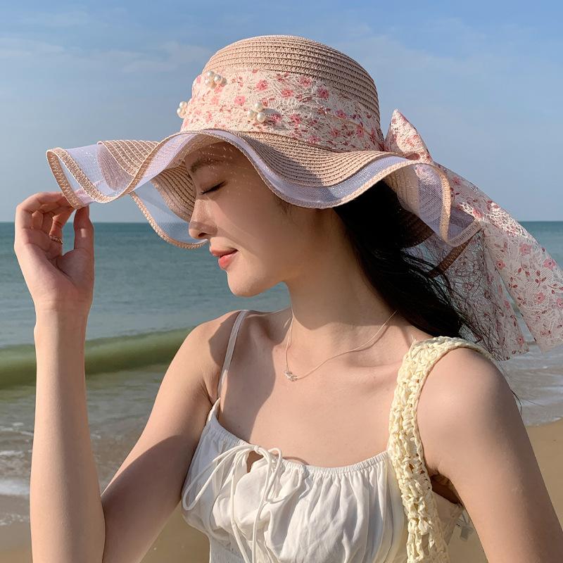 Hat Female Sweet Pearl Lace Ribbon Straw Hat Summer Seaside Big Brim Sun Hat Vacation Sun Hat