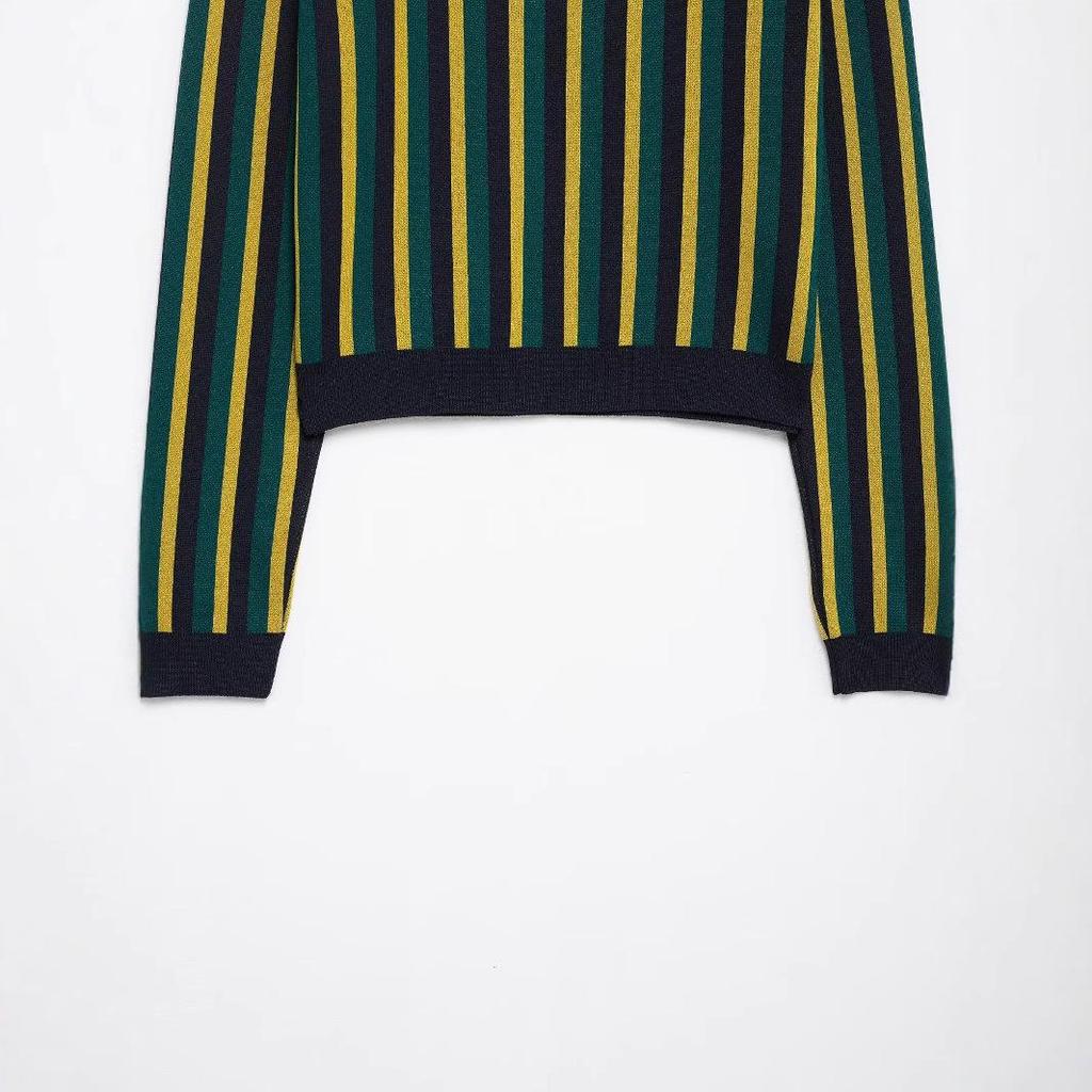 Spring 2025 Women's Striped Knit Sweater - European & American Style, Turn-Down Collar, Long Sleeve, Casual