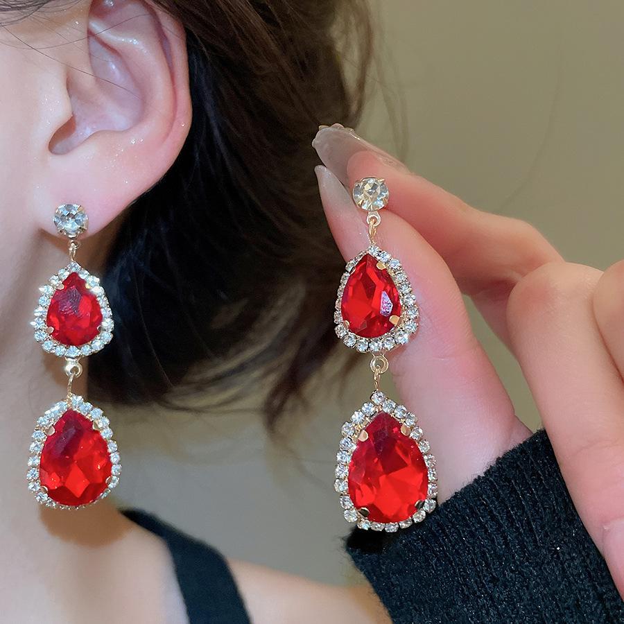 Elegant Rhinestone Tassel Geometric Water Drop Necklace & Earring Set