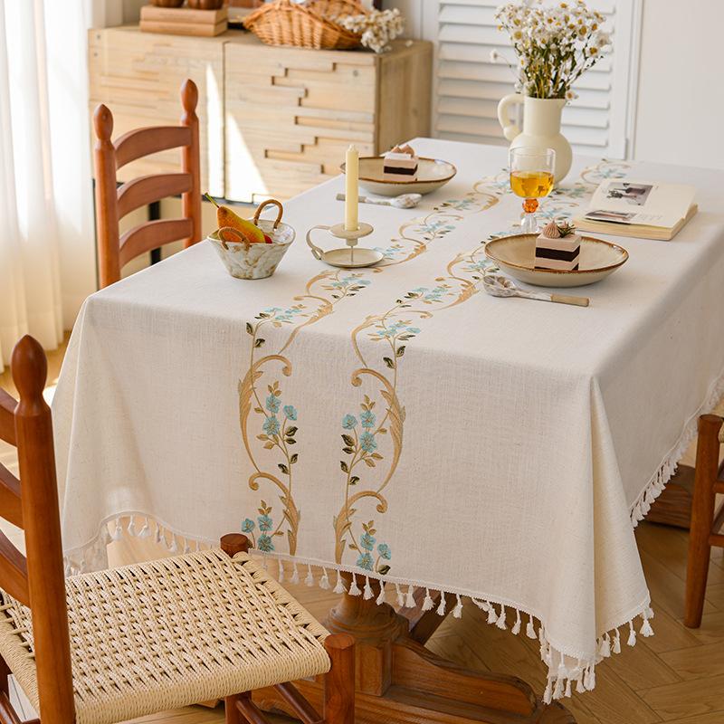 French Linen Embroidered Waterproof Tablecloth Rectangular Coffee Table Cover Fresh And Elegant