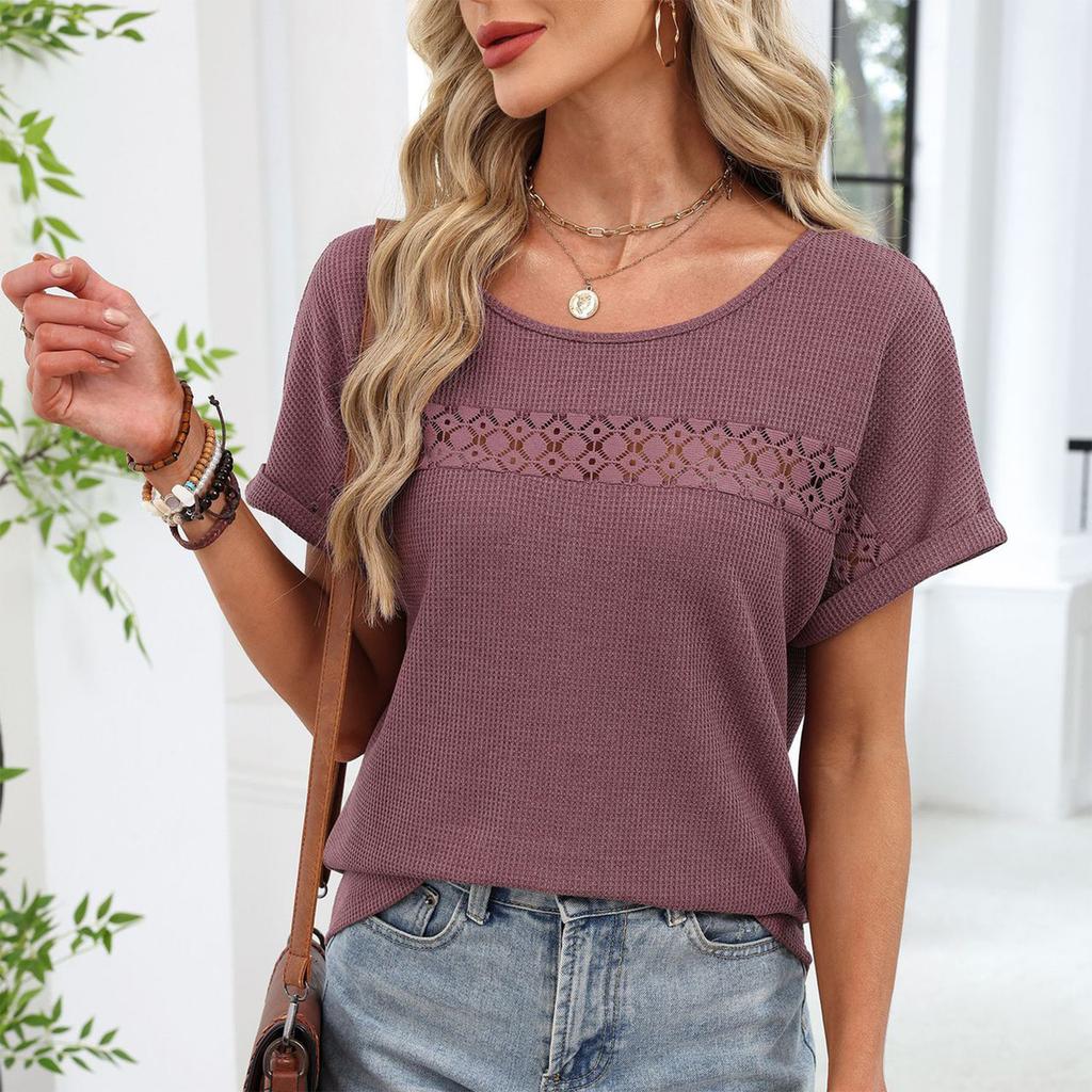 Women's Fashionable Color Round Neck Lace Patchwork Loose Short Sleeved T-shirt Top