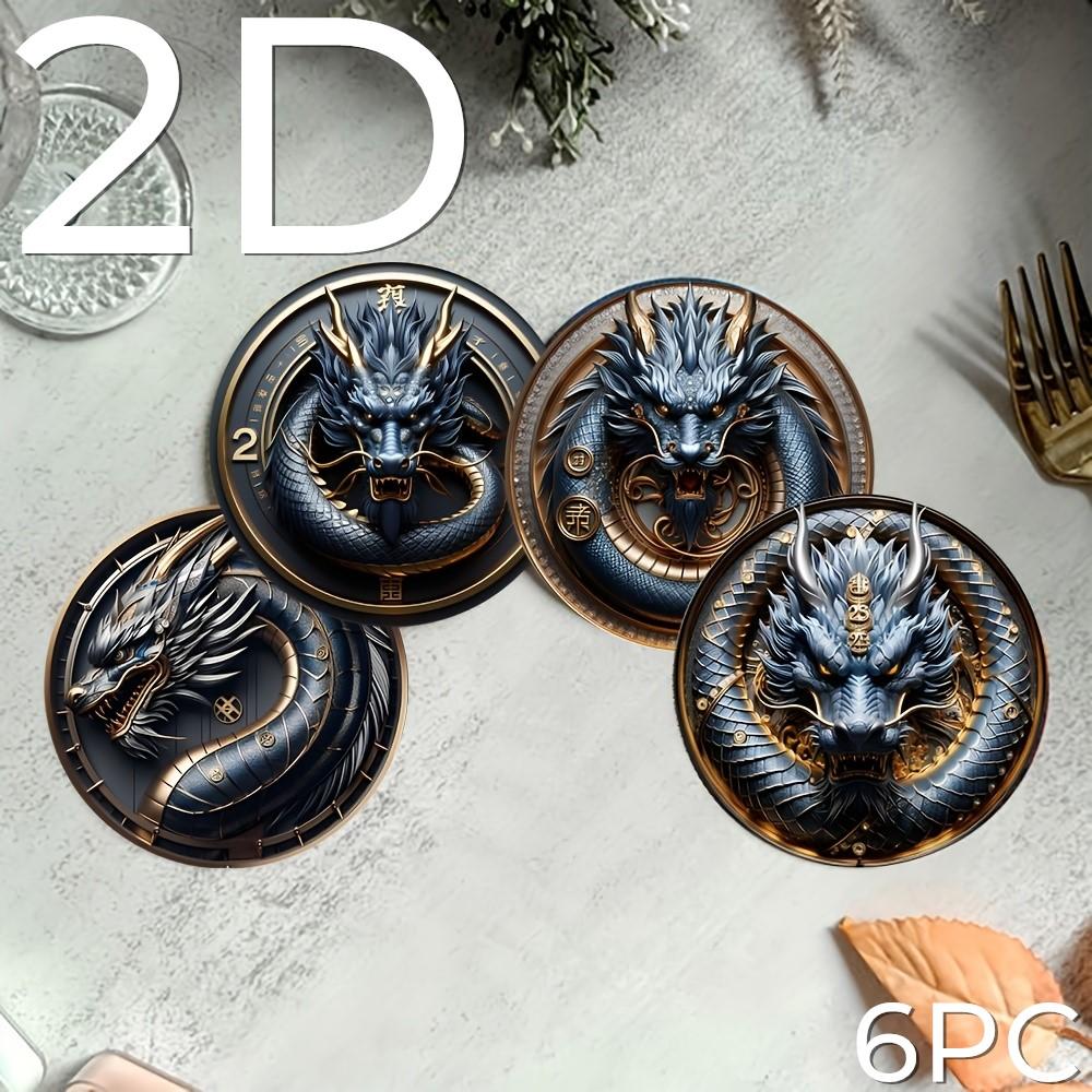 Set of 6 2D Chinese Dragon Theme Pattern Art Coasters Round Wooden Heat Resistant Non-Slip Home Decor Gift Multifunctional