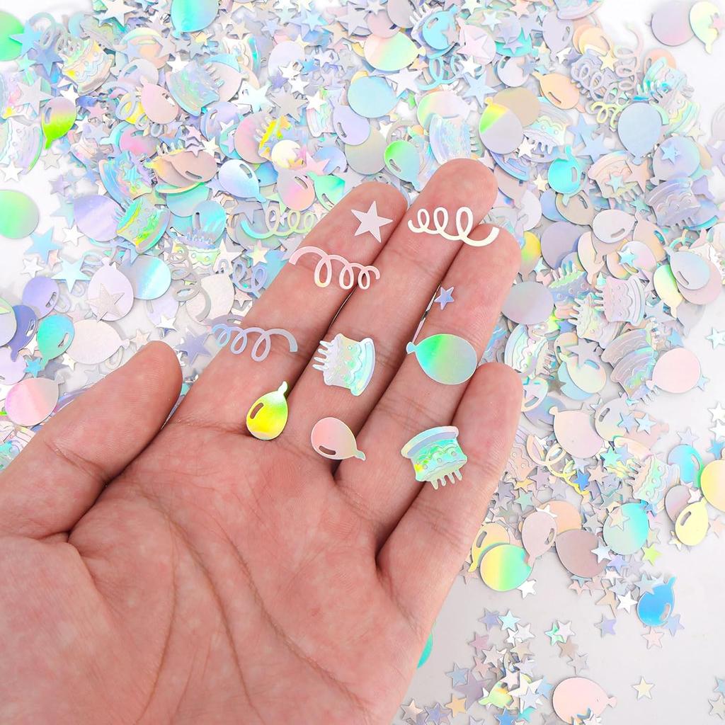 600pcs Birthday Confetti, Metallic Birthday Table Scatter Iridescent Party Confetti for DIY Crafts Cake Balloons Stars Ribbons Shapes Festive Table