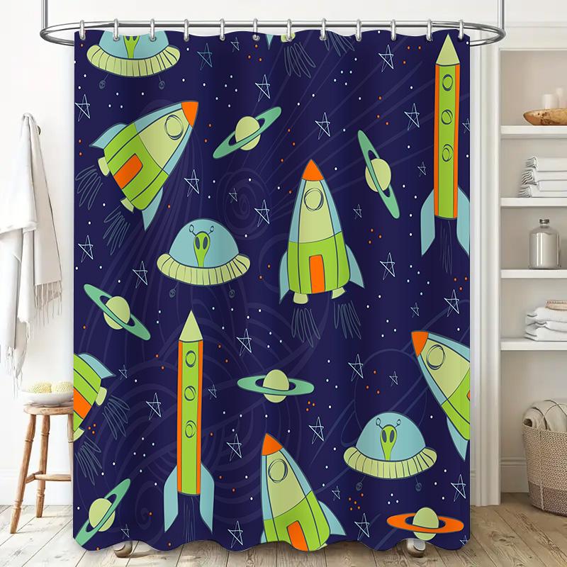 Intergalactic Rocketship Shower Curtain Kids Bathroom Decor Space Theme Pattern Blue Fabric Waterproof Washable Rectangular Size